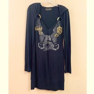 Coogi Couture Eagle Gold Embroidered Hooded Long Sleeve T-Shirt Mini Black Dress